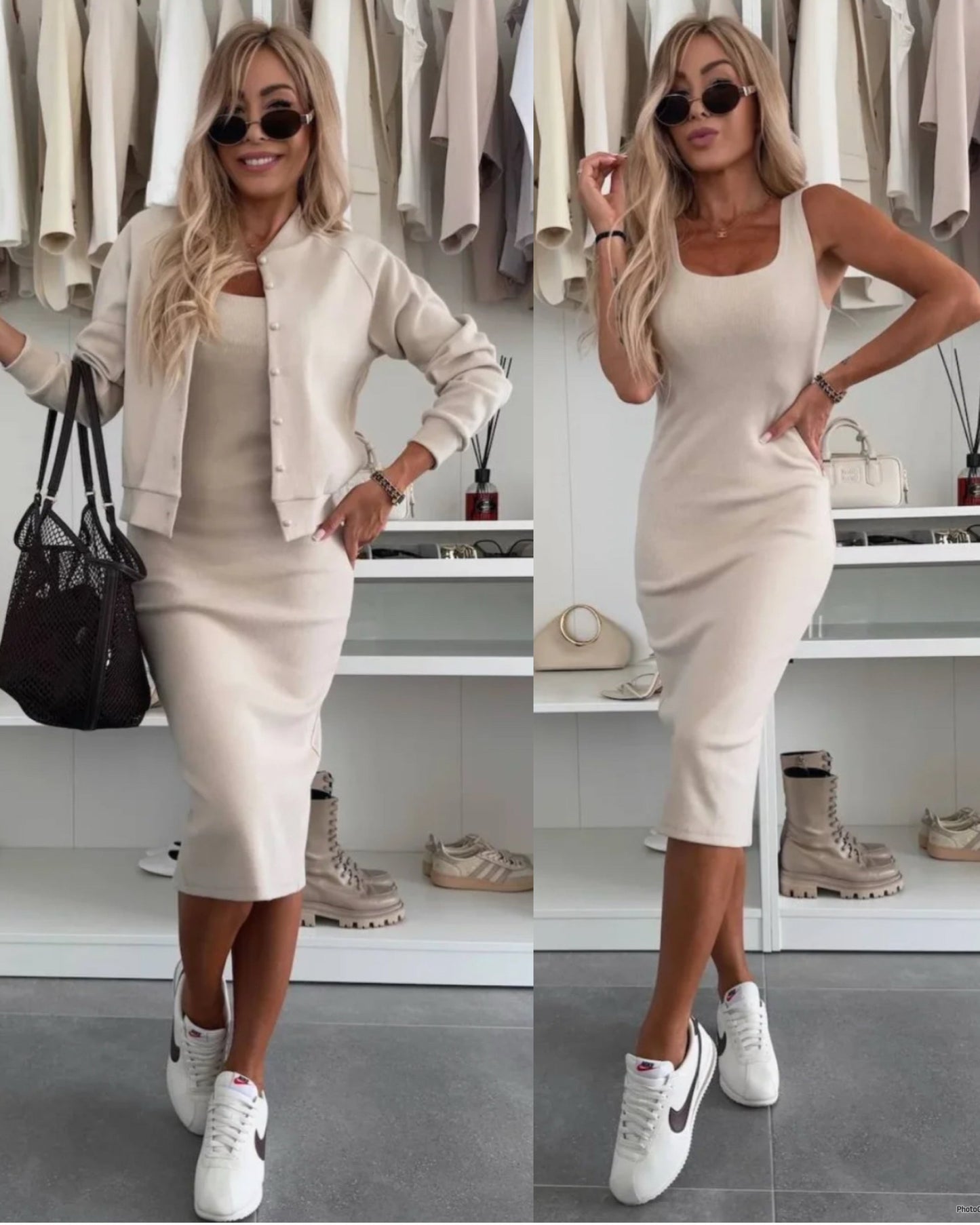 Karin | Ensemble Robe Midi en Maille Côtelée & Veste Bomber