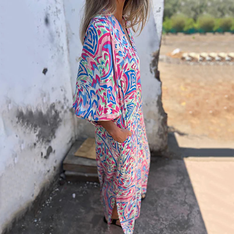 Lowri - Robe Maxi Stylée à Col V avec Poches