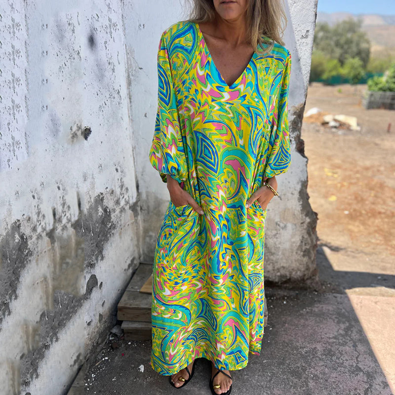 Lowri - Robe Maxi Stylée à Col V avec Poches