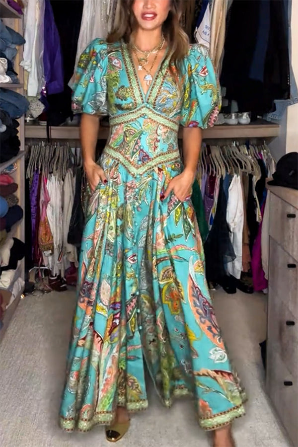 Amelia Quinn | Robe Maxi Aérée avec Manches Bouffantes & Décolleté en V