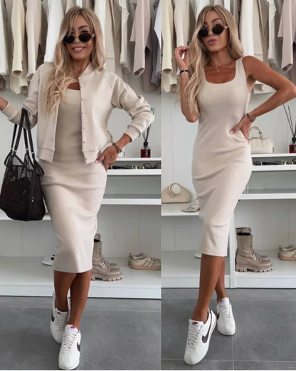 Karin | Ensemble Robe Midi en Maille Côtelée & Veste Bomber