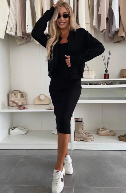 Karin | Ensemble Robe Midi en Maille Côtelée & Veste Bomber