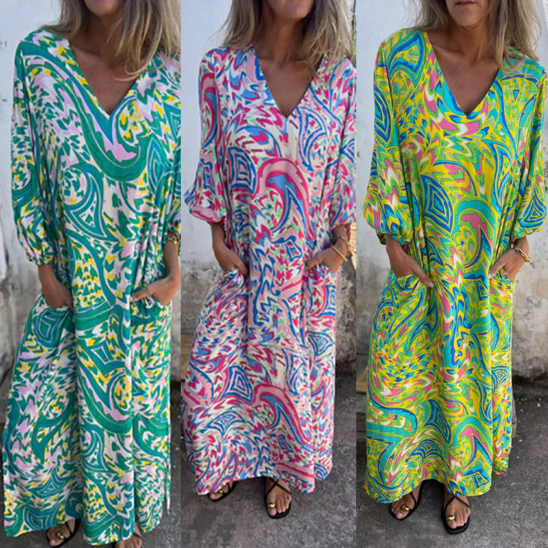 Lowri - Robe Maxi Stylée à Col V avec Poches