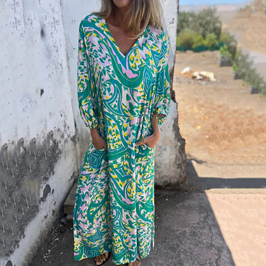 Lowri - Robe Maxi Stylée à Col V avec Poches