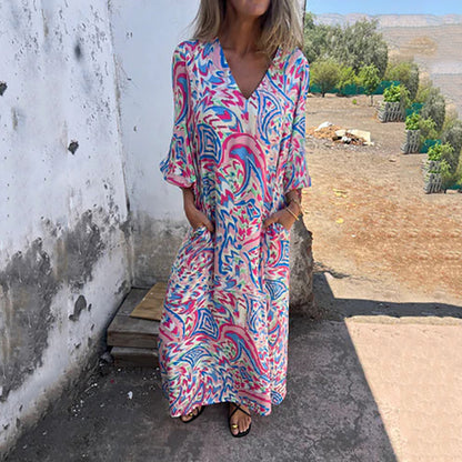 Lowri - Robe Maxi Stylée à Col V avec Poches